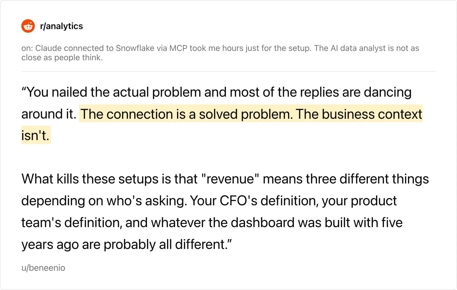 r/analytics thread on Snowflake MCP setup with the reply that the connection is a solved problem