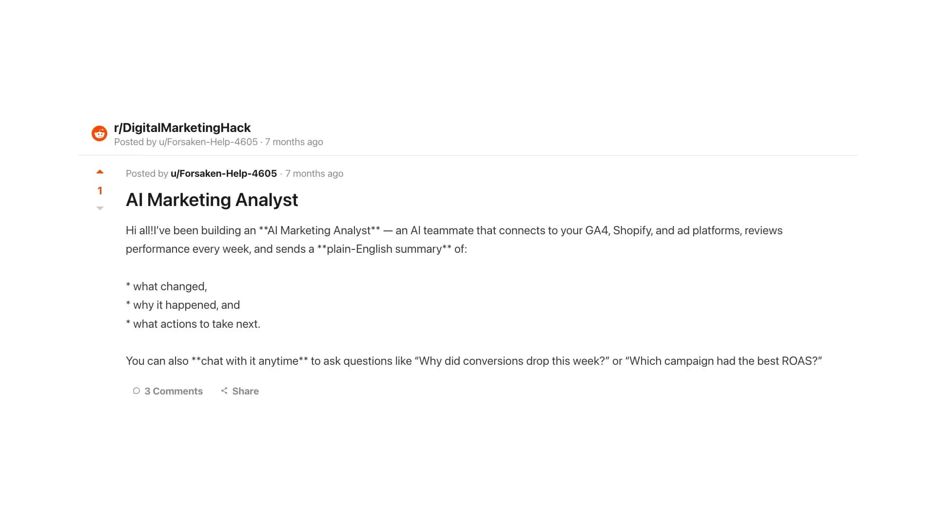 r/DigitalMarketingHack: "an AI teammate that connects to your GA4, Shopify, and ad platforms"