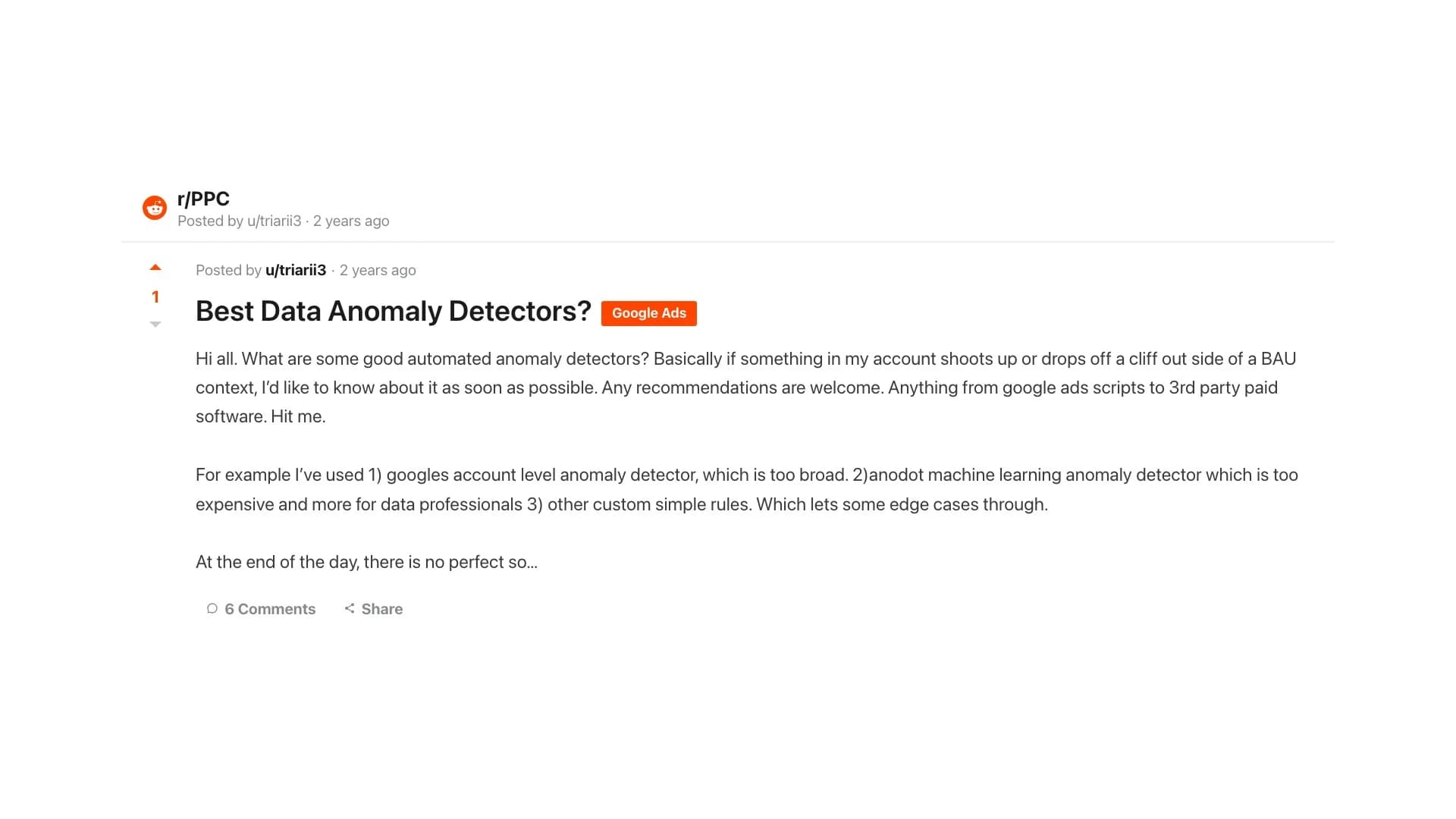 r/PPC: the state-of-the-art anomaly detector is still "eyeball a daily-stats dashboard for 15 seconds"