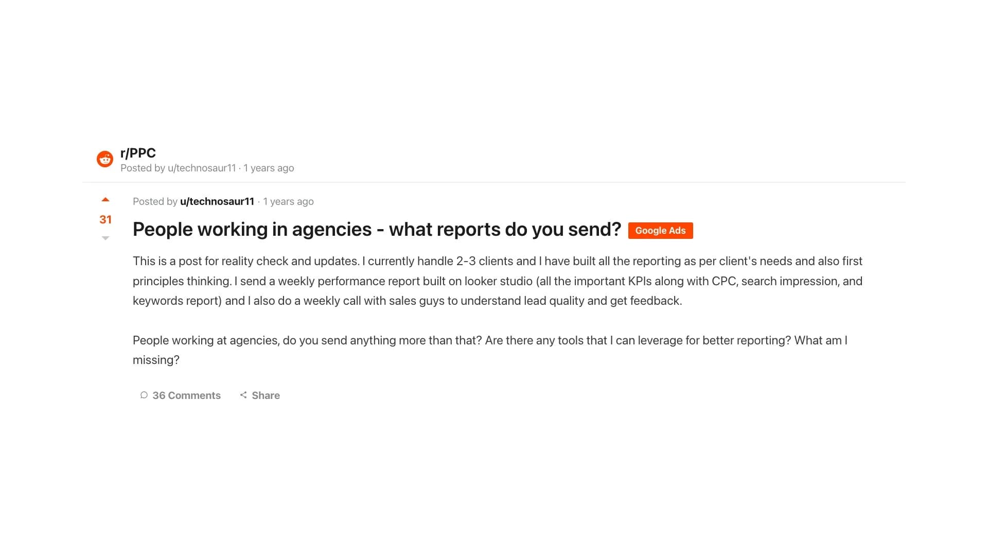 r/PPC: agency analysts ran reports only the first 4 days of the month because nobody read them