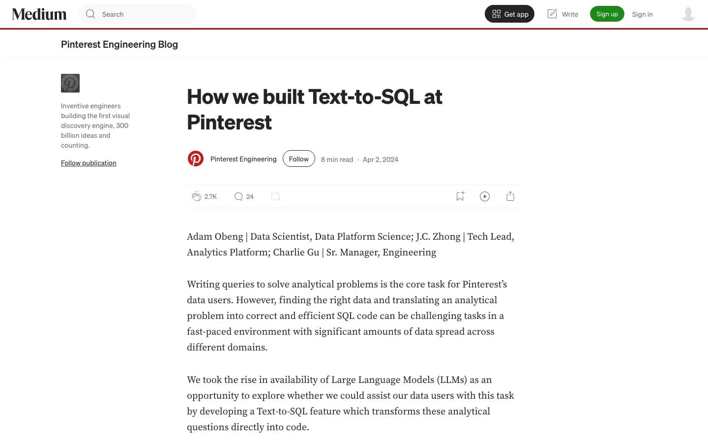 Pinterest Engineering blog post titled How we built Text-to-SQL at Pinterest