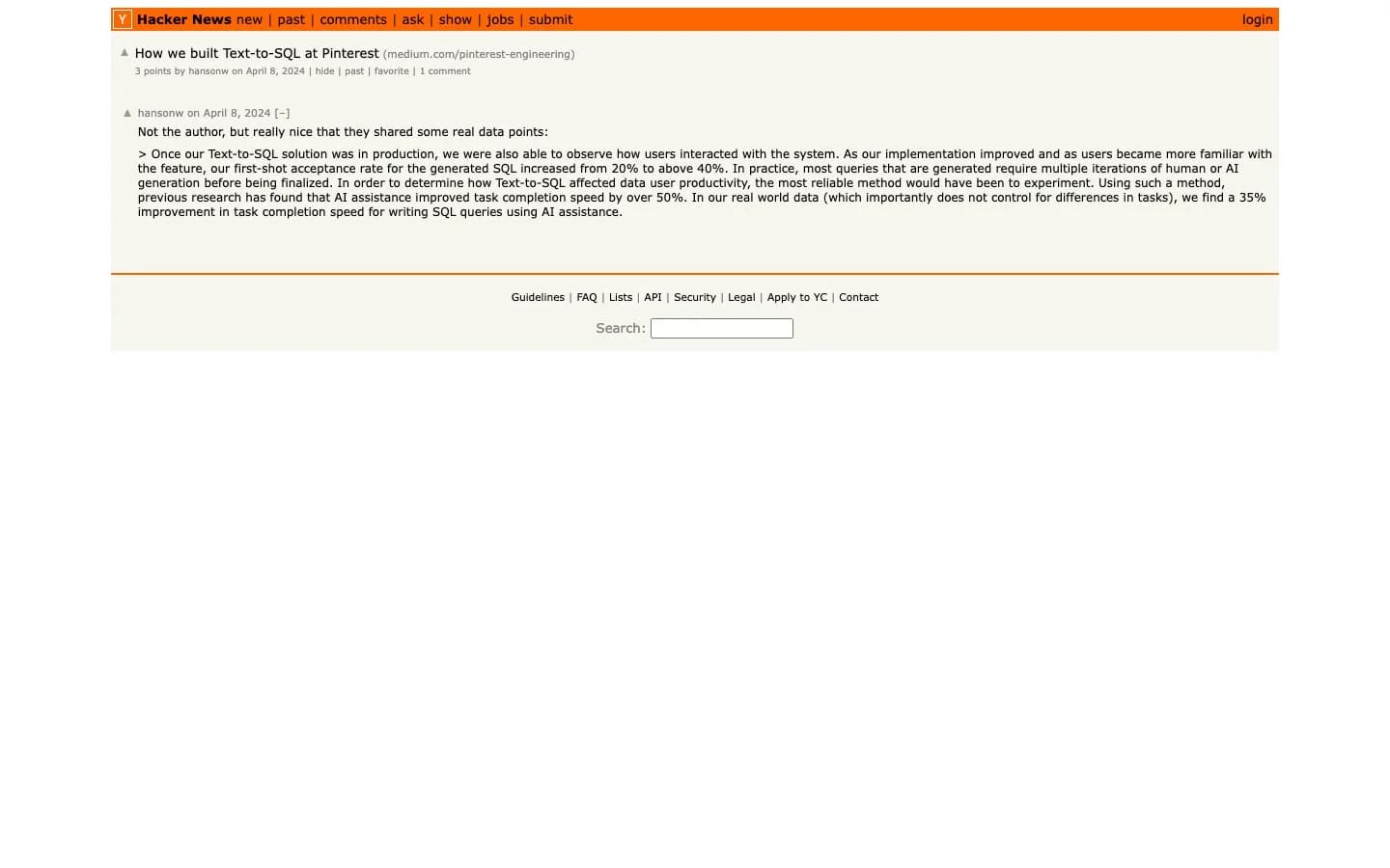 Hacker News discussion of Pinterest's "How we built Text-to-SQL at Pinterest" engineering post