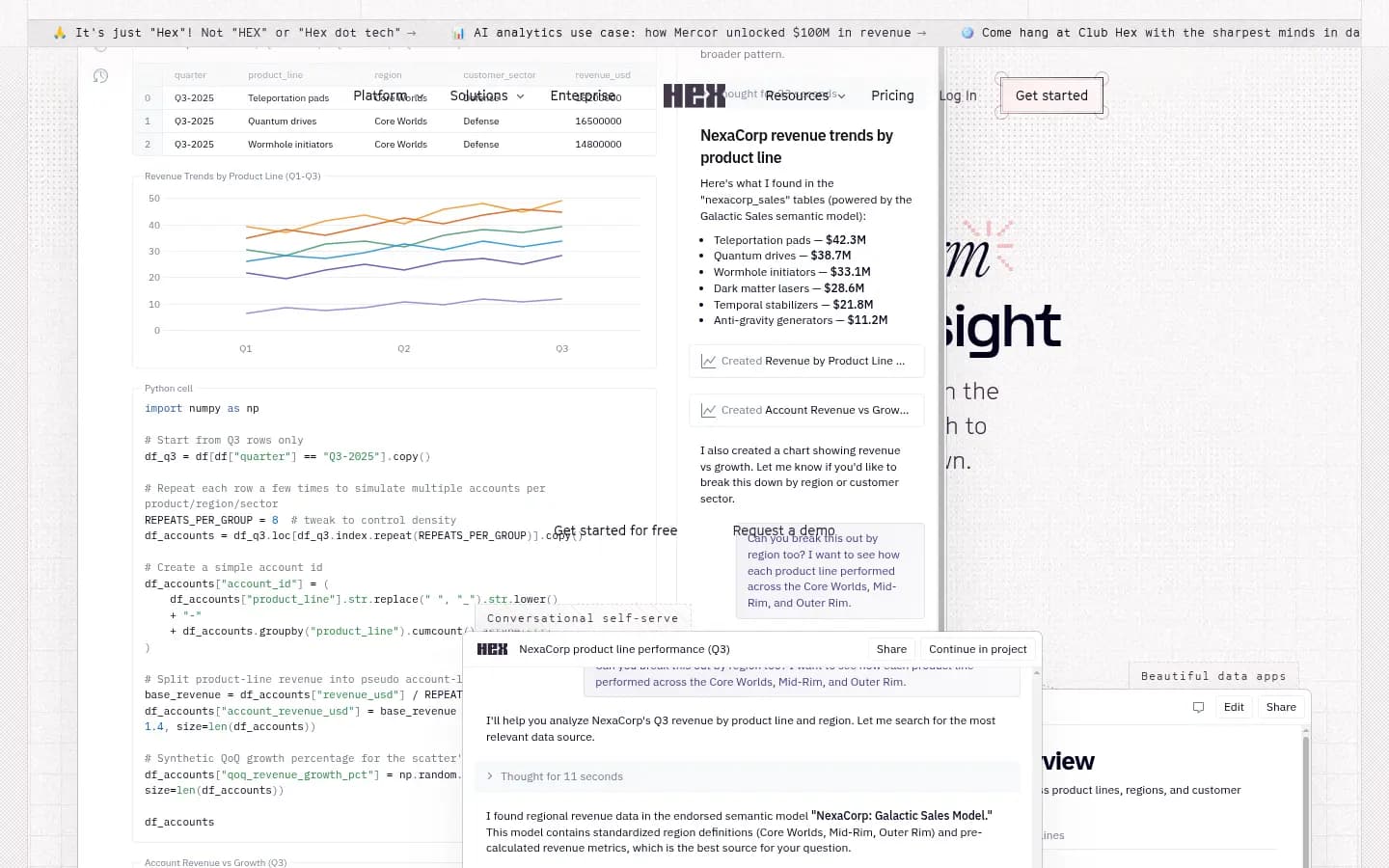 Hex — agentic notebooks plus a Context Studio for governed AI answers