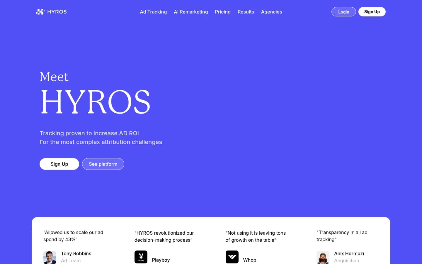 Hyros — AI ad tracking and multi-touch attribution with published pricing