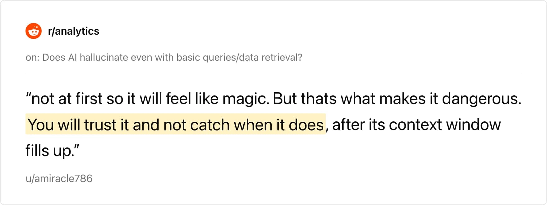 r/analytics thread asking whether AI hallucinates even with basic queries and data retrieval