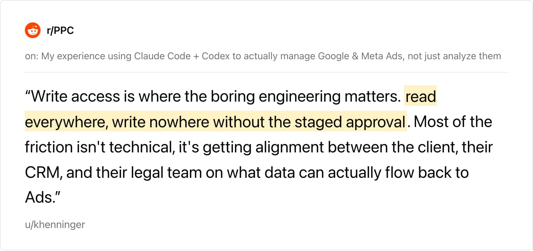 r/PPC thread on using Claude Code and Codex to manage Google and Meta Ads accounts