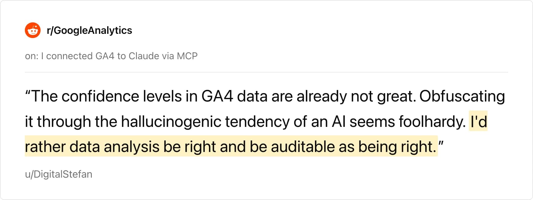 r/GoogleAnalytics comment arguing data analysis should be right and auditable as being right
