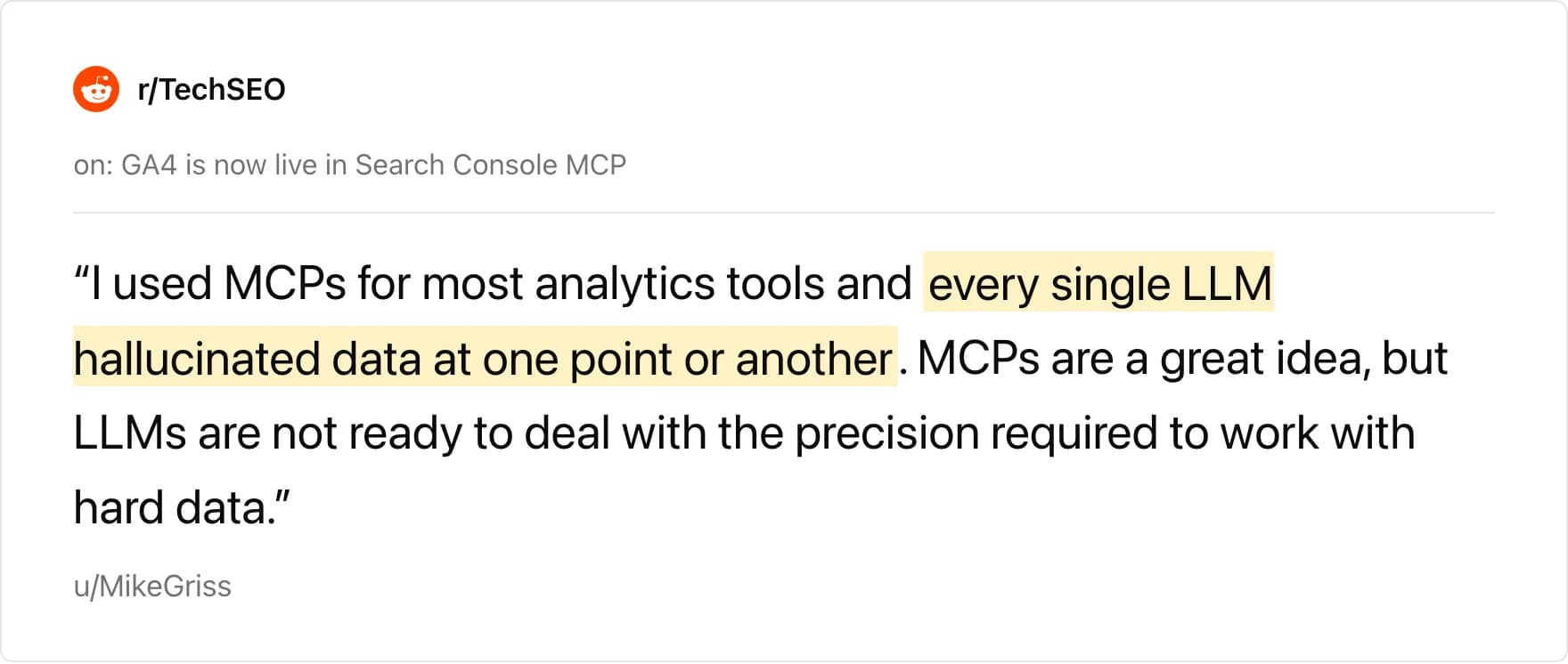 r/TechSEO comment: every single LLM hallucinated data at one point or another