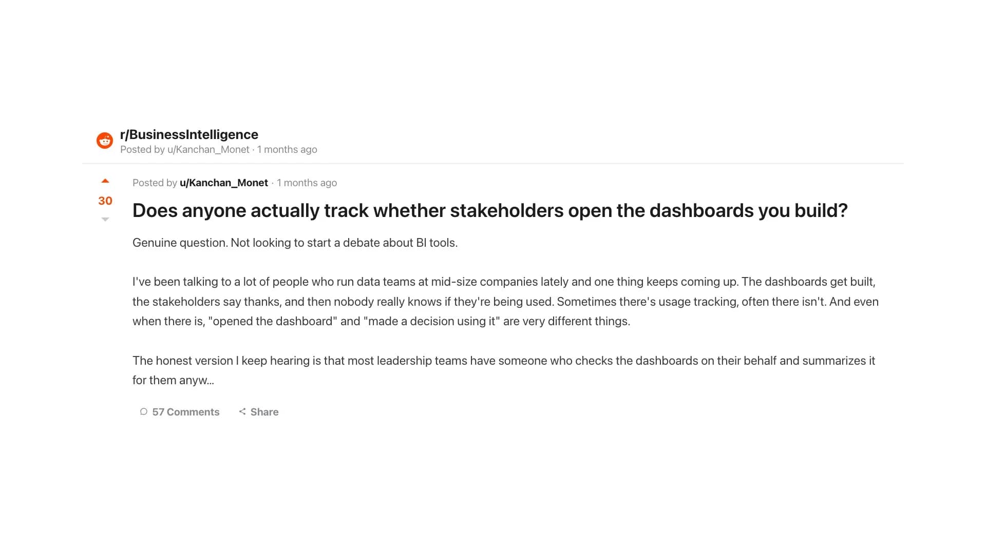 r/BusinessIntelligence: 285 of 300 dashboard views were me