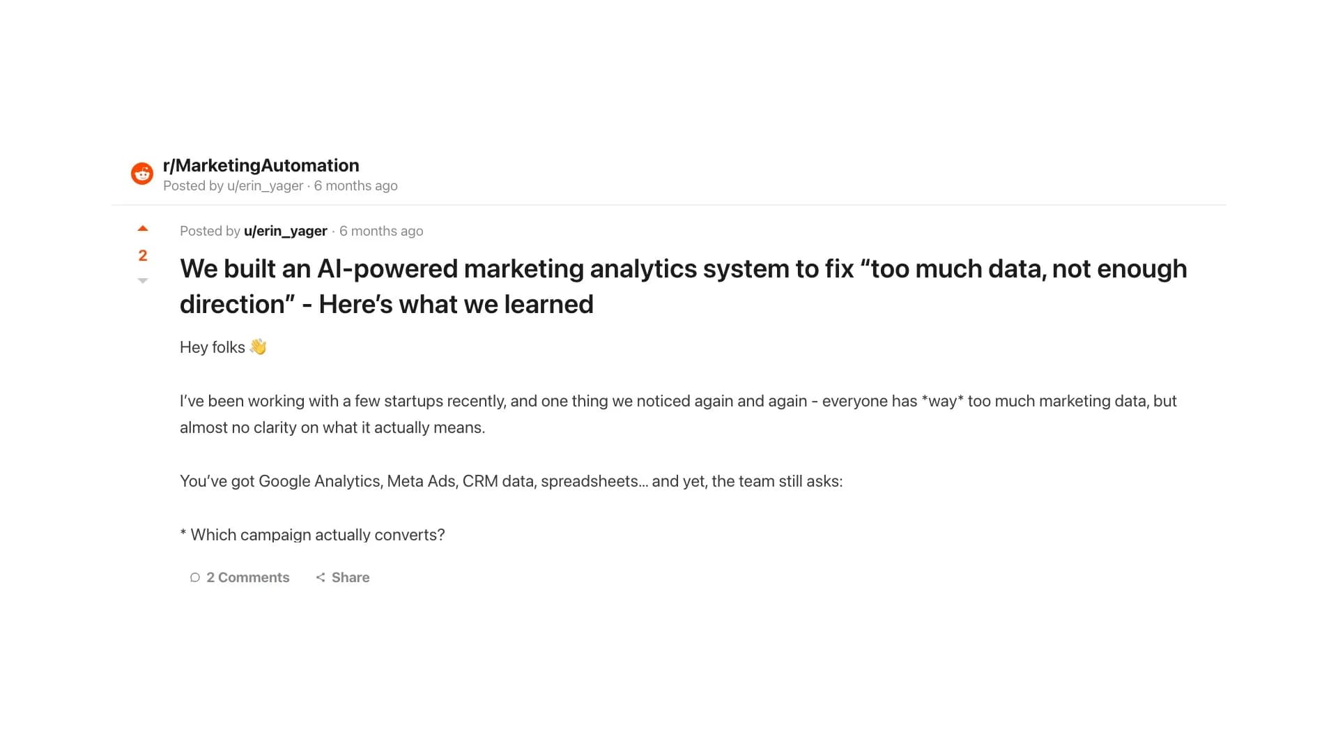 r/MarketingAutomation: decision-level insights beat metric-level reports