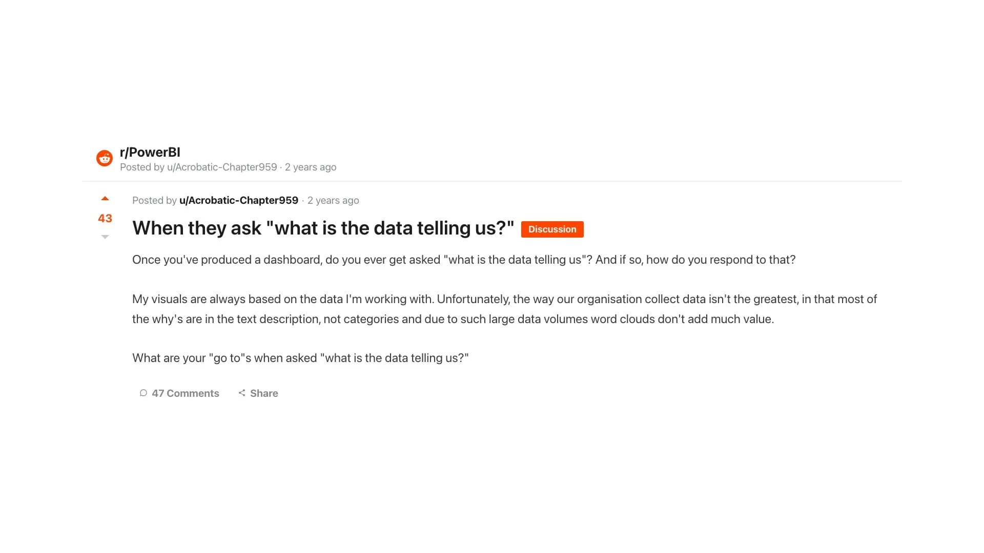 r/PowerBI: the analyst walking through "what does it mean? what should we do?"