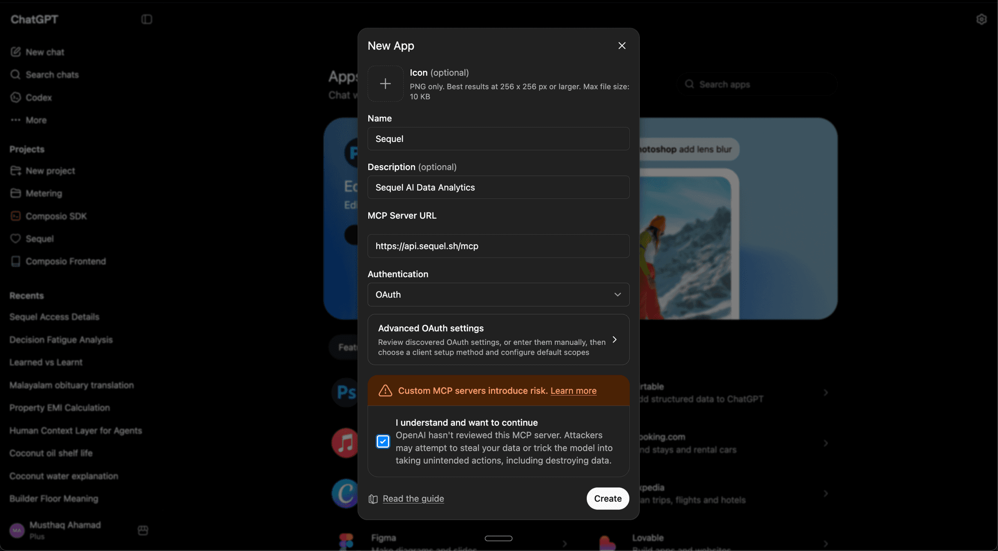 ChatGPT New App form with Sequel MCP details