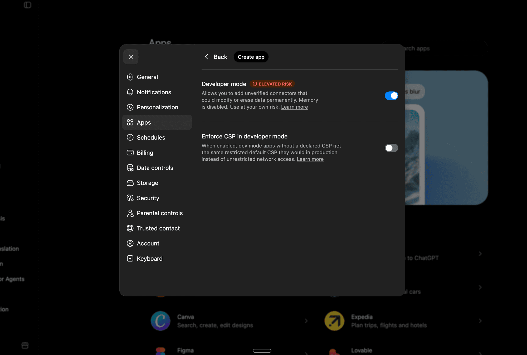 ChatGPT Developer Mode settings
