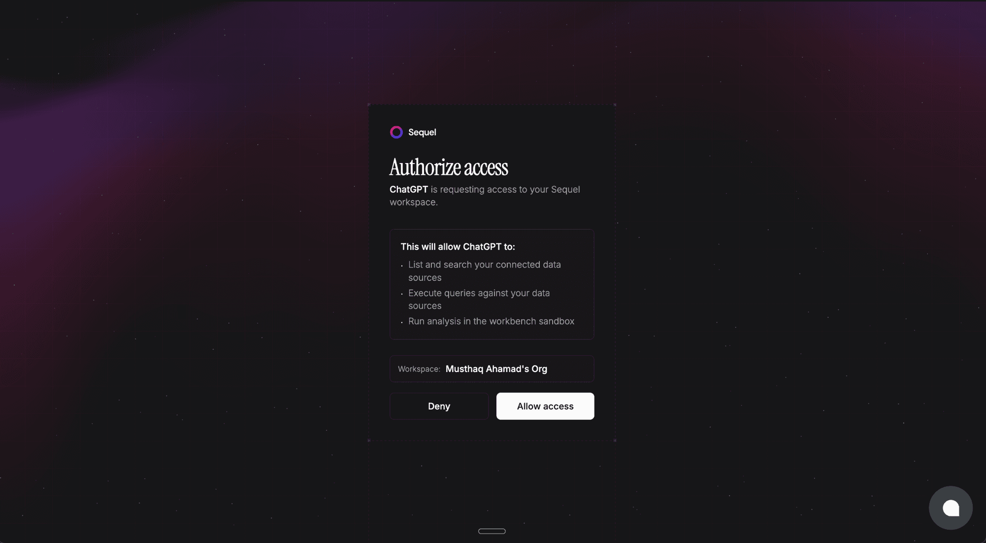 Sequel OAuth authorization screen