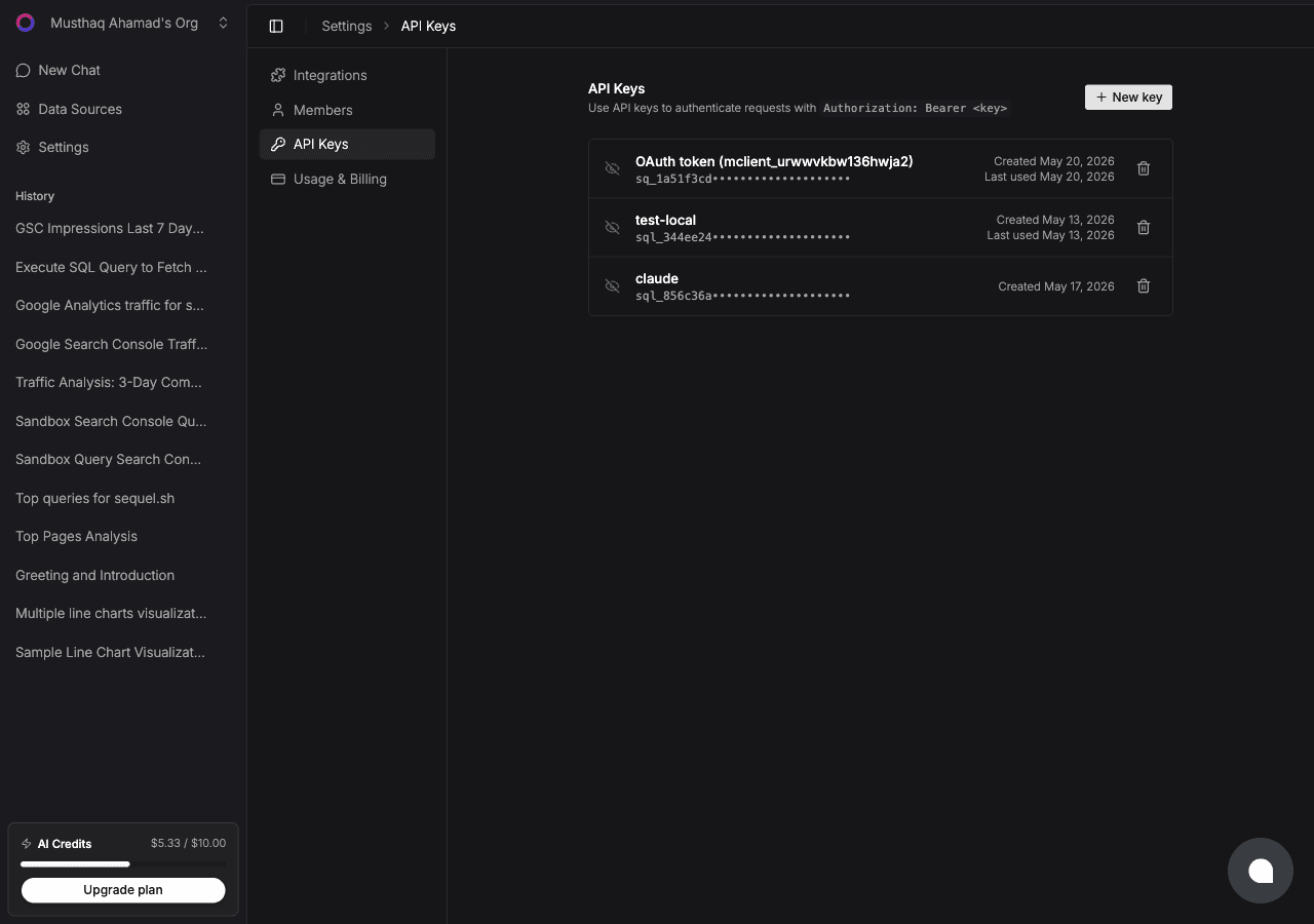 Sequel API Keys page