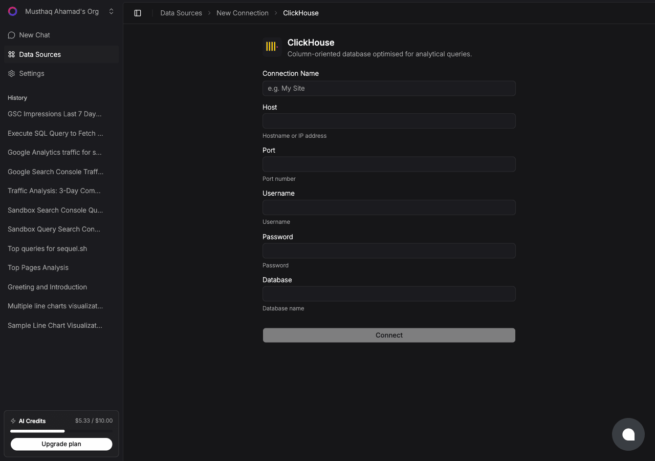 ClickHouse connection form