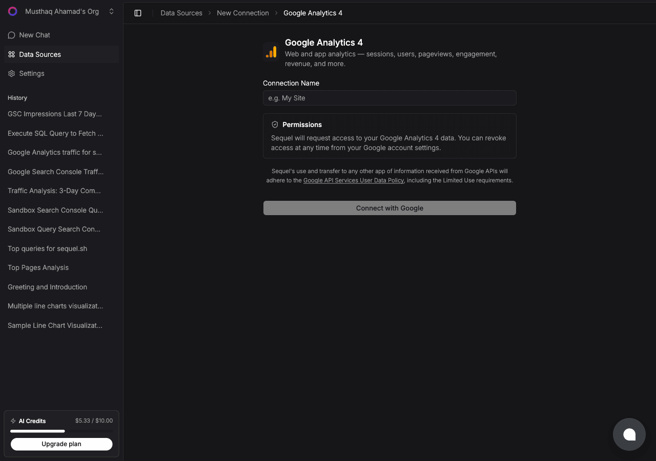 Google Analytics 4 connection form