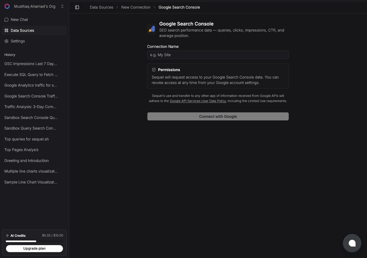 Google Search Console connection form