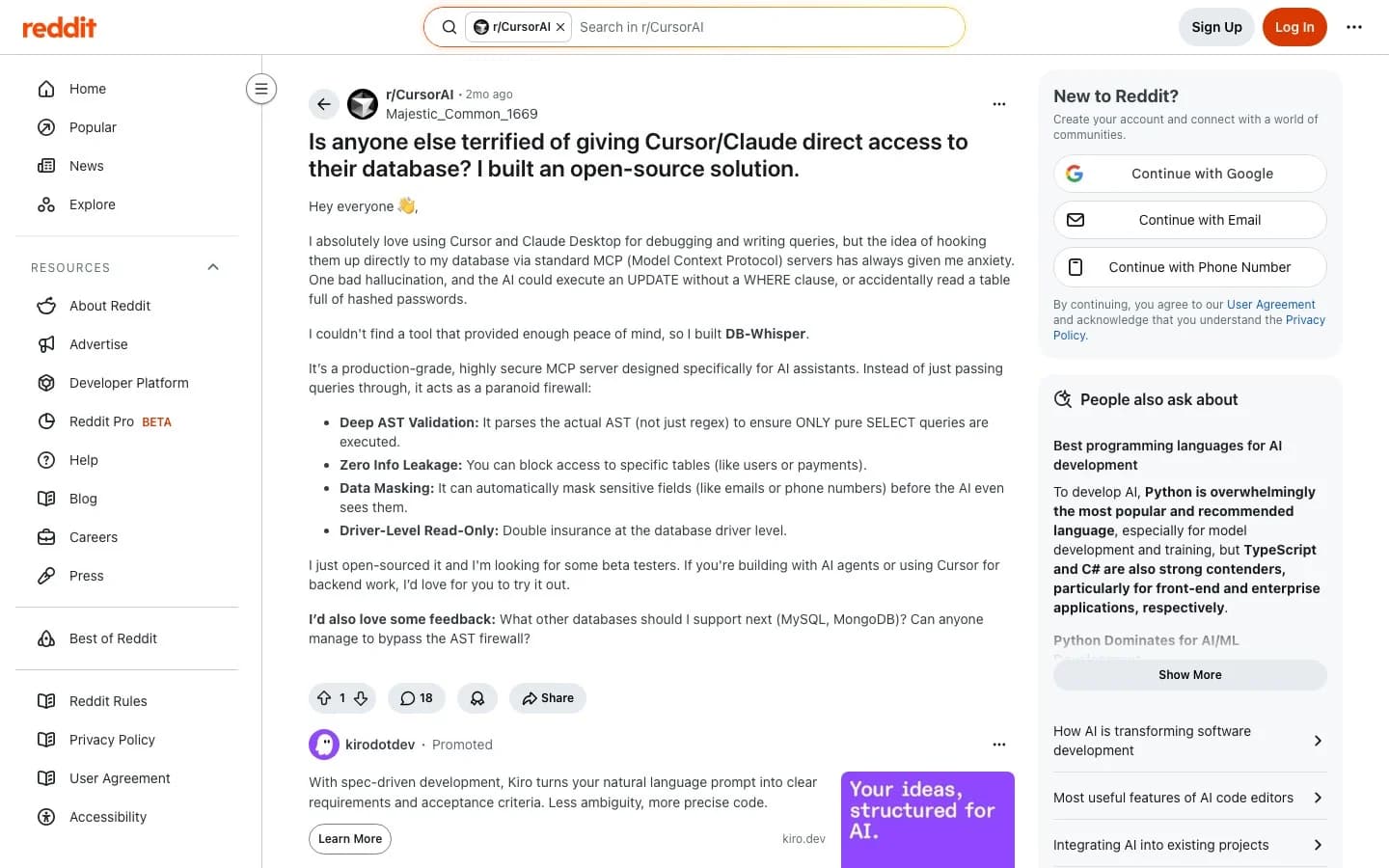 Screenshot of an r/CursorAI thread titled "Is anyone else terrified of giving Cursor/Claude direct access to their database?" The OP describes anxiety about an AI hallucinating an UPDATE without a WHERE clause or reading a table of hashed passwords.