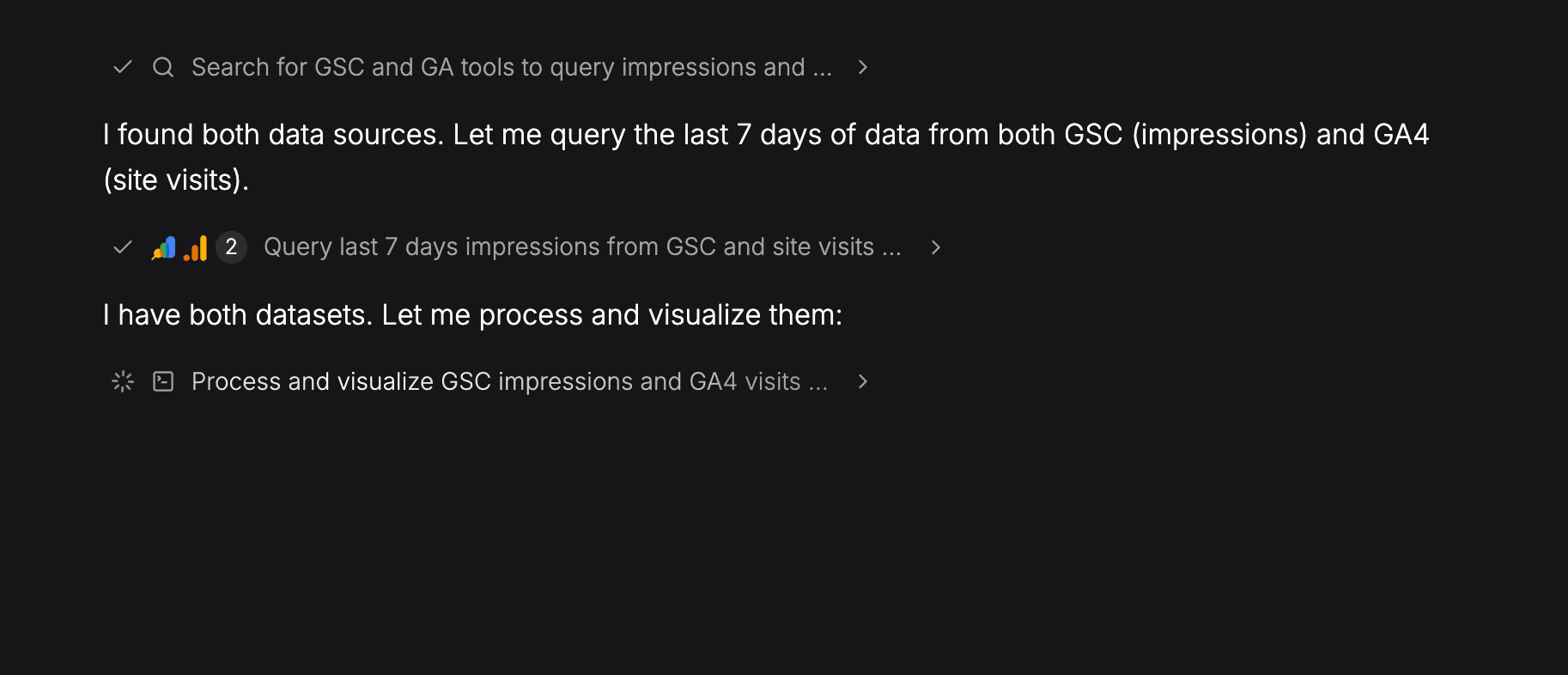 Sequel querying Google Search Console impressions and GA4 site visits from one question, then combining them