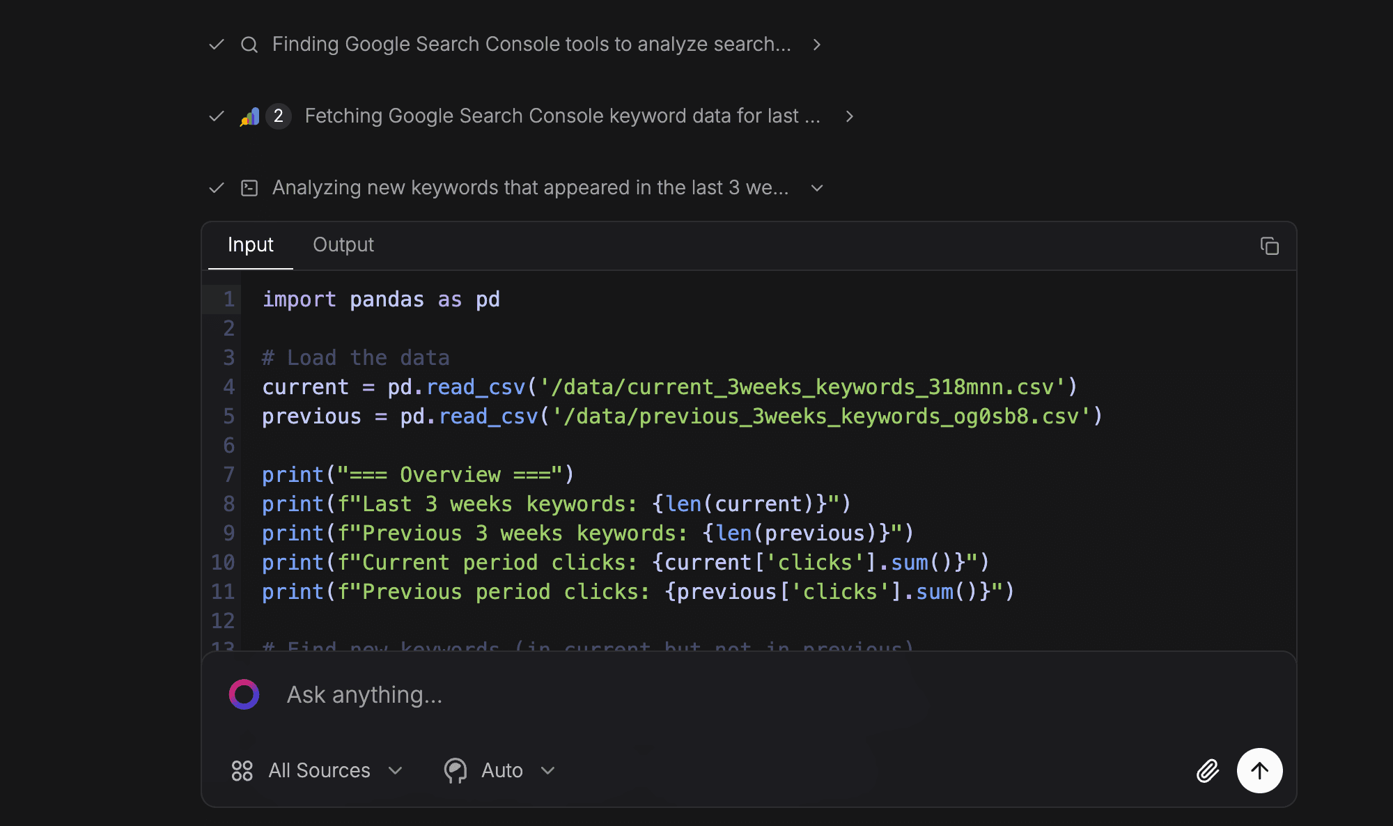 Sequel's workbench running pandas on query results synced from a previous step, comparing keyword data across two time periods