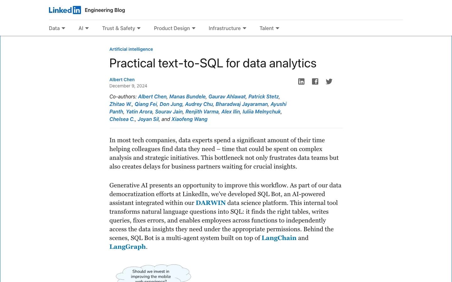 LinkedIn Engineering blog post titled Practical text-to-SQL for data analytics