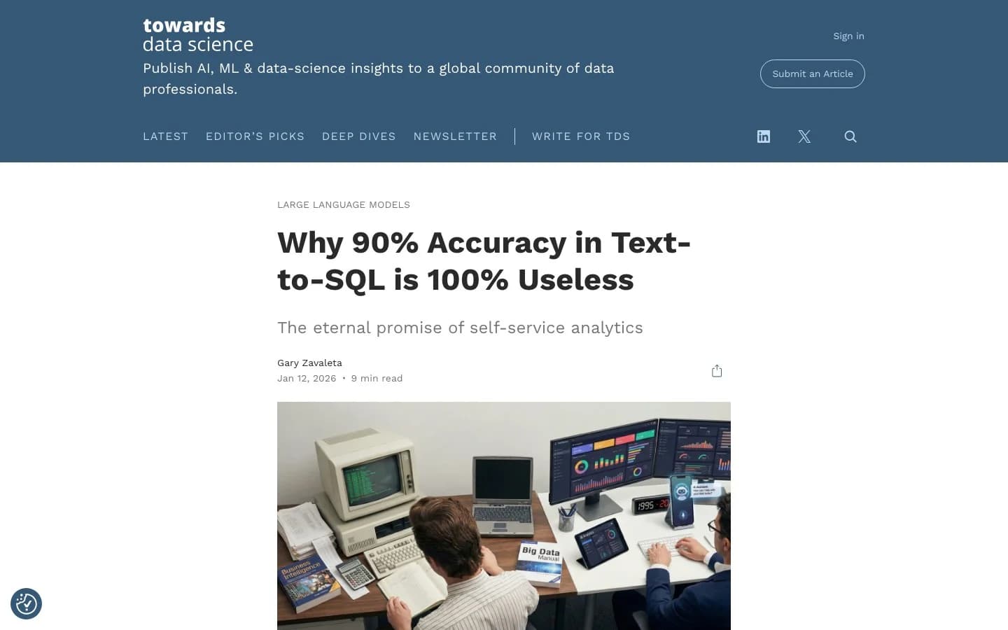 Towards Data Science essay headlined "Why 90% Accuracy in Text-to-SQL is 100% Useless" by Gary Zavaleta