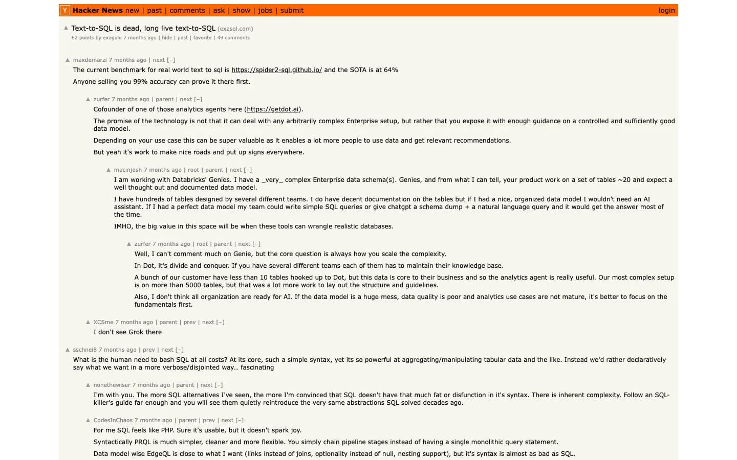 Hacker News thread "Text-to-SQL is dead, long live text-to-SQL" with practitioners debating demos versus production