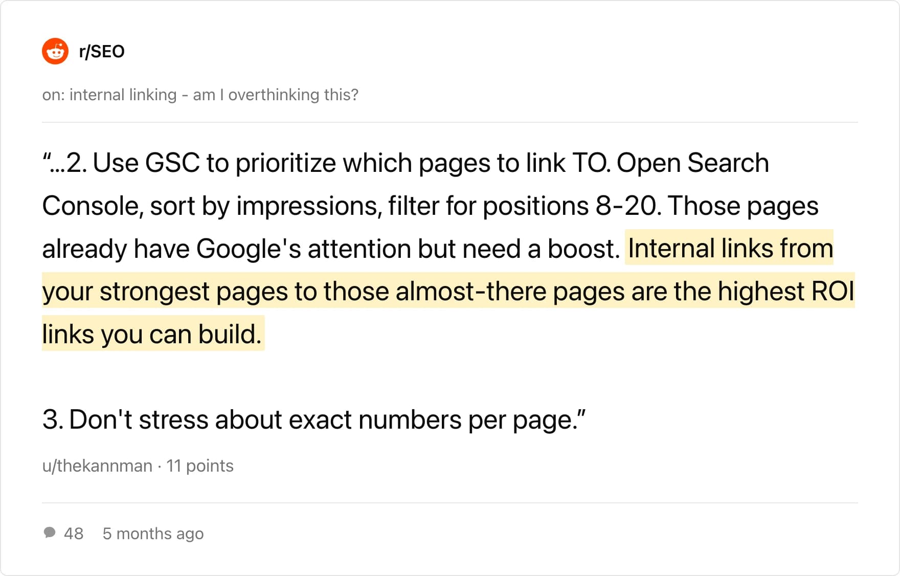 r/SEO comment on prioritizing internal links to pages ranking positions 8 to 20