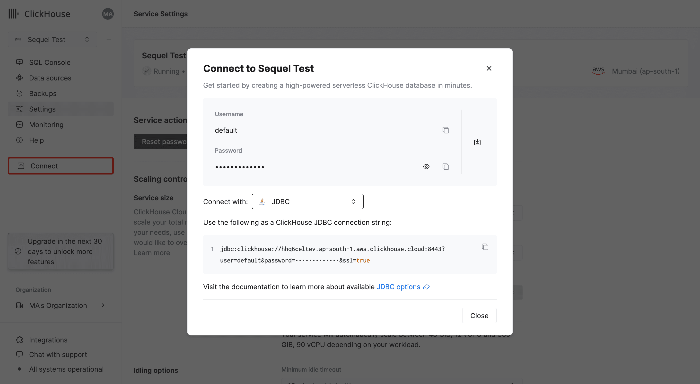 Clickhouse connection modal