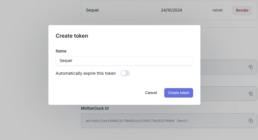 Motherduck Token modal flow