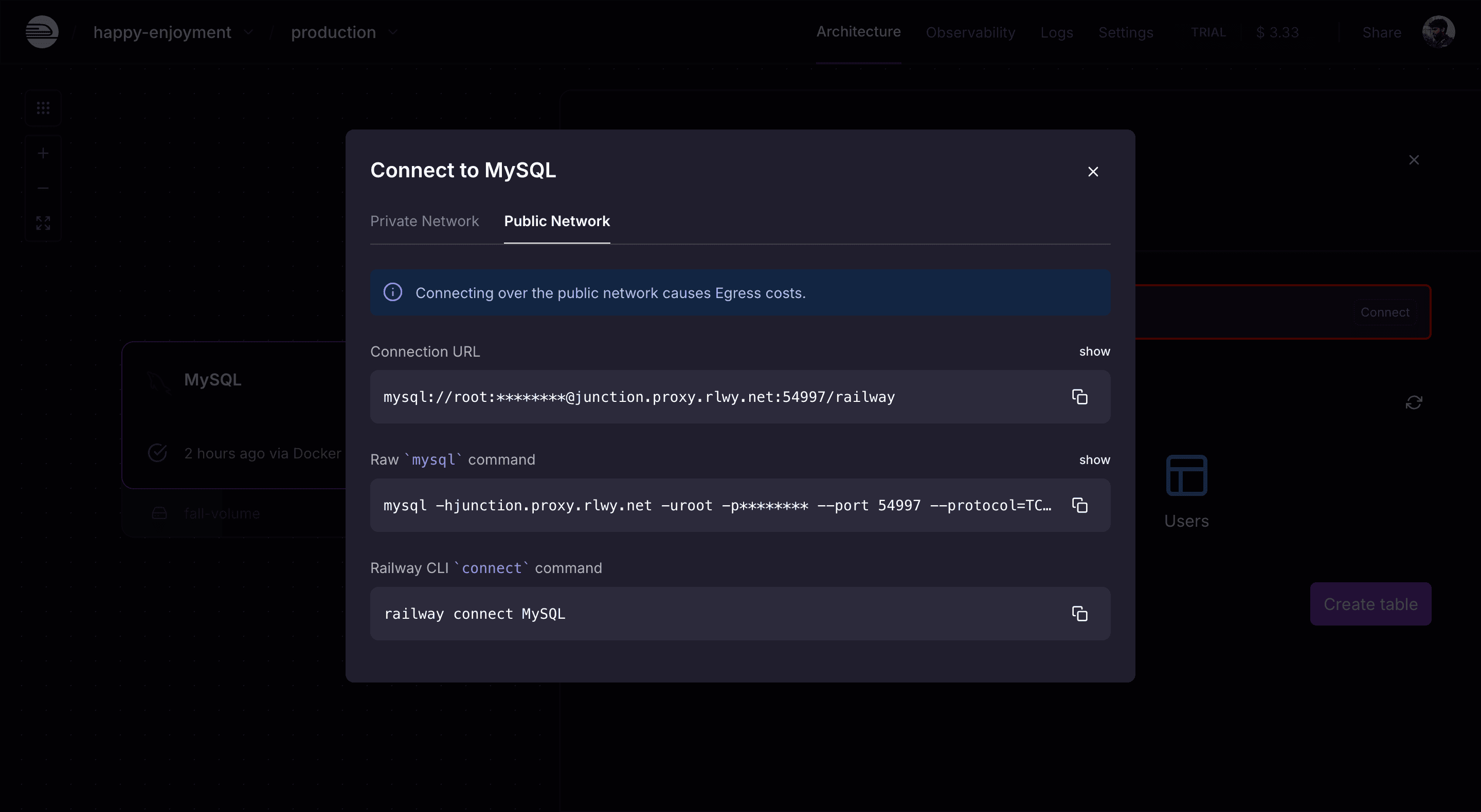 Railway mysql instance showing mysql connection details
