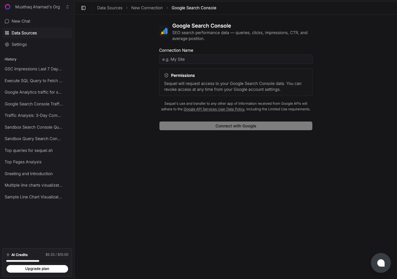 Google Search Console connection form