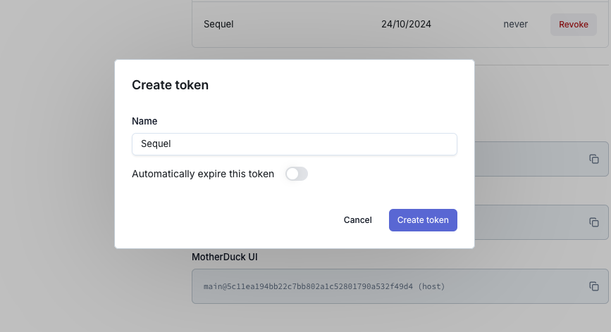 Motherduck Token modal flow