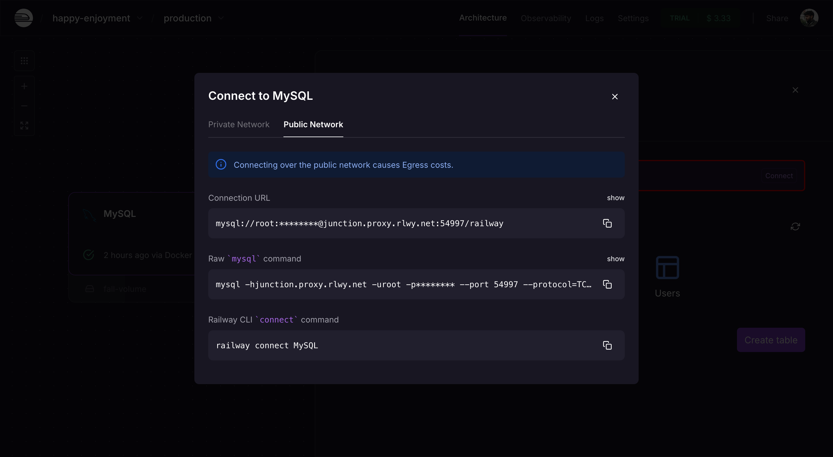 Railway mysql instance showing mysql connection details